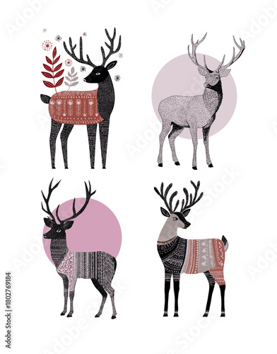 Artiodactyla with branched antlers cartoon vector concept. Forest animal looking around in leaves and shapes, elk hooves ears full height deer isolated on white background