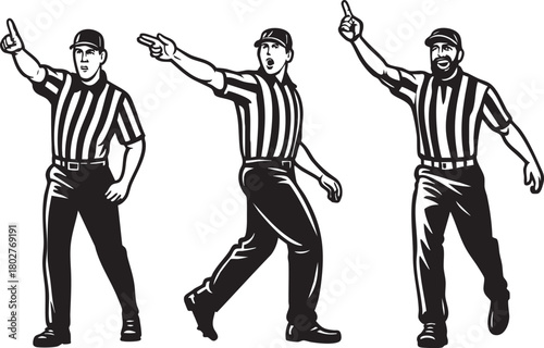 Three referees in striped shirts signaling with their hands.