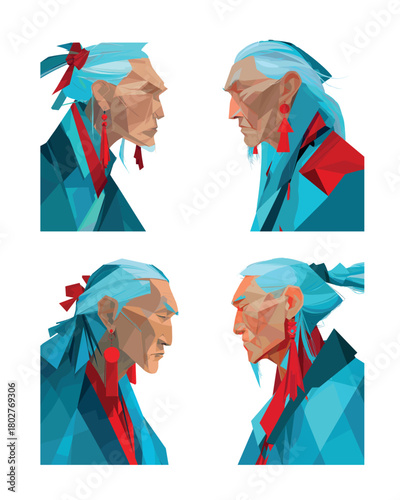 Asian male portrait poligonal cartoon vector concept. Man face traditional japanese clothes long grey hair jewelry, ethnik character eyes serious look side view isolated on white background