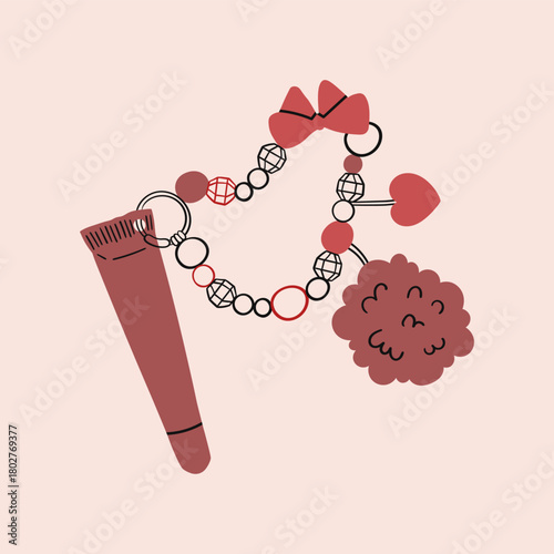 Pink lip gloss with a pendant. A decorative cosmetic. Makeup and beauty. Hand drawn. Isolated vector illustration.