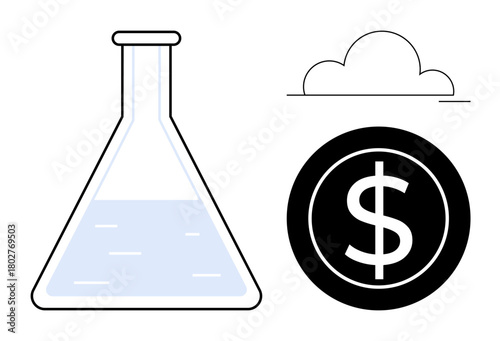 Laboratory flask with liquid, cloud shape, and dollar coin convey research, innovation, financial growth, analysis, investment, development and success. Ideal for science economy and technology