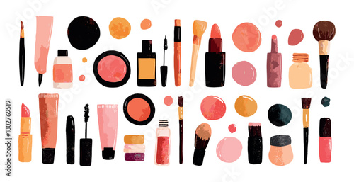 Beauty products cosmetic flat collection. Fashion lipstick mascara blush brush skin care glamour items makeup lipcolor eyelash enhancer accessories accents aqueous pigment aesthetic isolated