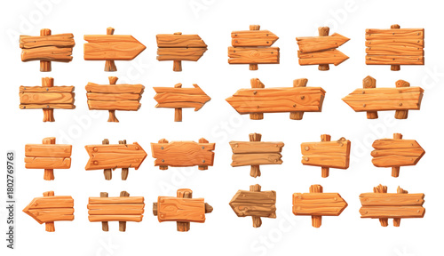 Blank wooden signs cartoon vector set. Rustic planks wood board road way direction pointers old western lumber slab pathway guide vintage frontier markers game asset isolated on white