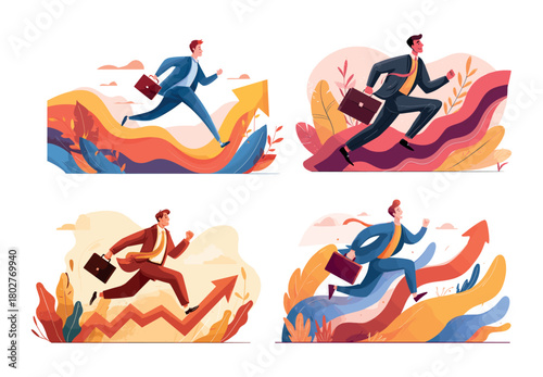 Businessman running up arrow career cartoon vector concepts. Growth success business achievement progress motivation aspiration challenge race corporate development isolated on white