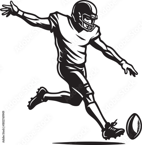 Black and white vector illustration of an American football player in uniform kicking the ball.