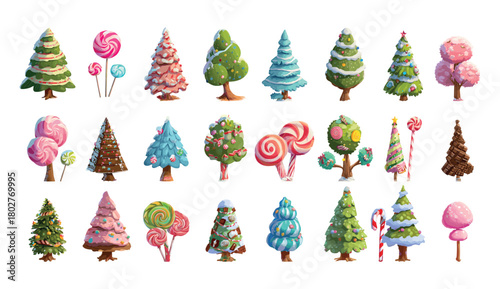 Candy sweet trees cartoon vector set. Gingerbread lollipops frosting confectionery forest biscuit holiday sticks winter dessert treat landscape elements isolated background