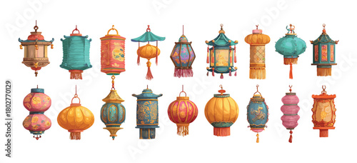 Chinese asian paper lanterns cartoon vector set. Hanging lamps japanese traditional vietnamese festival lights new year celebration ornate holiday event illustration isolated white backdrop