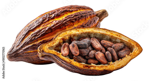 Cocoa pod cut open with cacao beans inside, isolated on transparent background, realistic tropical fruit composition, sharp clarity