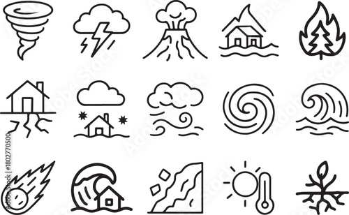 Natural disasters and extreme weather events line icons set. catastrophic climatic hazards and environmental risks collection.