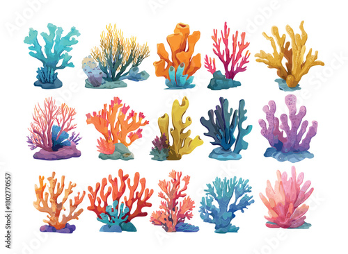 Coral reef elements cartoon vector set. Underwater plants seaweed polyps sea ocean fauna flora aquarium decoration marine life kelp anemones aquatic illustration isolated on white background