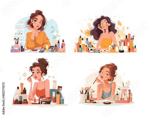 Cosmetic products cartoon vector set. Face skin care serum cream lipstick blush brush make up treatment essence moisturizer lipcolor rouge applicator cosmetics beauty glamour isolated artwork