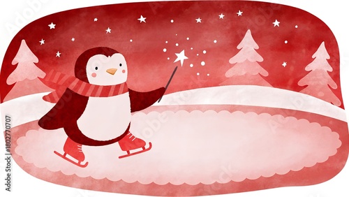 Watercolor illustration of a cute penguin catching a star with a magic wand in red shades
