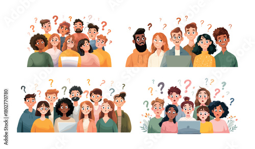 Crowd people group diversity questions cartoon vector set. Man woman diverse students team teamwork confusion mark doubt inquiry problem search looking uncertainty information data thinking solution