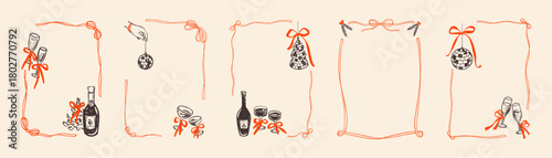 Hand-drawn crayon Christmas frame with festive bow and vintage ornaments, whimsical doodle border featuring party ribbons, disco balls and champagne glass. Retro sketch design with xmas tree decor