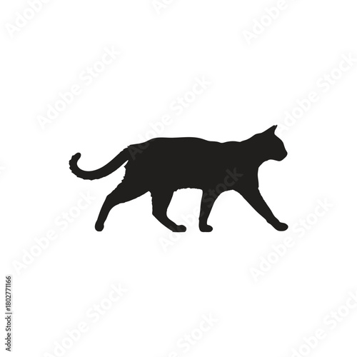 A silhouette of a cat walking with its tail curled up on a white background in a simple illustration