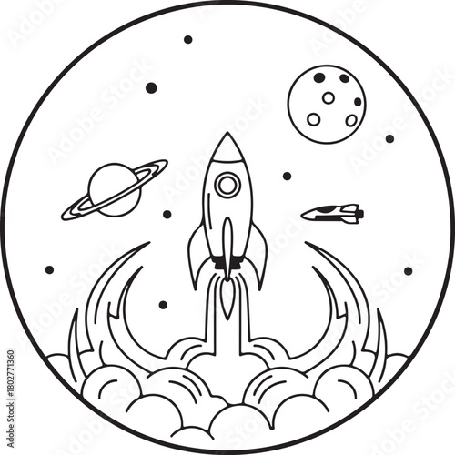 Minimalist rocket launching into outer space, surrounded by celestial bodies like saturn and a moon, clean line art vector illustration.