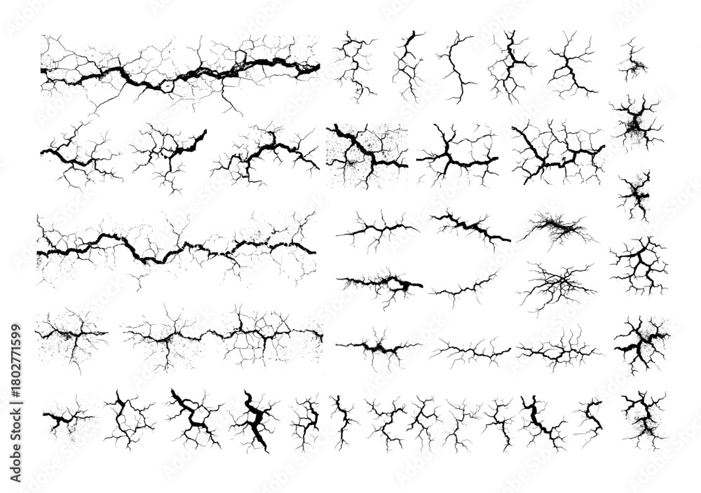 Obraz premium Earth cracks black ink vector set. Distressed texture broken wall surface ground fracture, damage destruction land concrete fractured decal illustrations isolated background