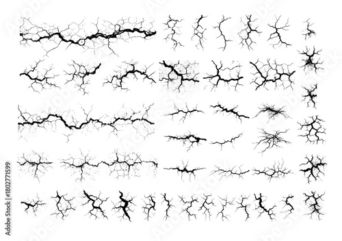 Earth cracks black ink vector set. Distressed texture broken wall surface ground fracture, damage destruction land concrete fractured decal illustrations isolated background