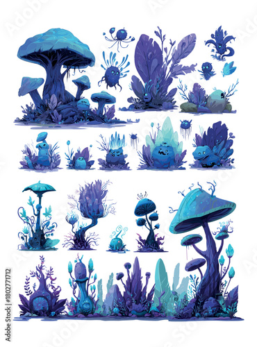 Fantasy glowing mushrooms cartoon vector set. Alien flora fauna plants creatures blue violet game assets, exotic fungi cosmic spooky terrain odd life, sprites biota widgets monsters forest isolated