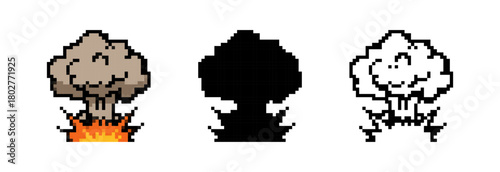Pixelated Explosion with Fire for Gaming and Graphic Design Use in Three Renderings