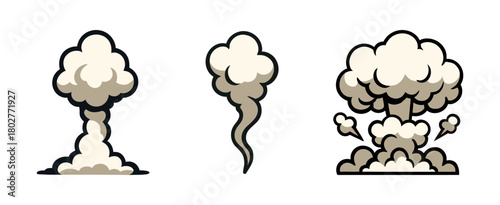 Three Cartoonish Smoke Plumes Isolated on a White Background in Varying Shapes