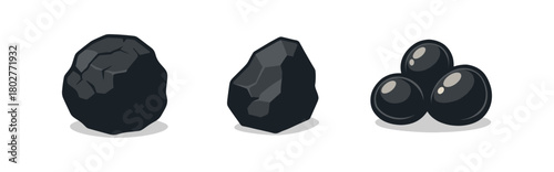 Isolated Pieces of Coal and Lumps of Black Olives with Light Reflections