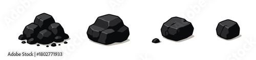 Isometric Representation of Coal Rocks in Varying Sizes on a White Background