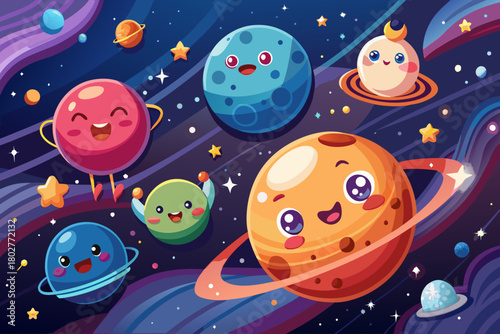 Floating planets with cute faces cartoon illustration, shooting stars and a tiny rocket flying joyfully across