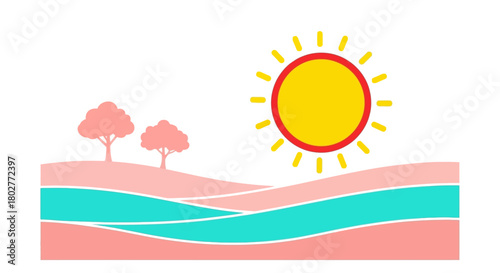 Stylized illustration of a bright sun over rolling pink terrain with teal bands and two pink trees