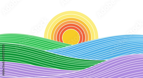 Stylized landscape with layered colorful hills and a concentric setting sun
