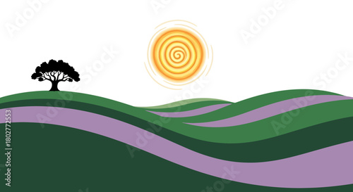 Stylized landscape with rolling green hills purple stripes a black tree and a swirling yellow sun