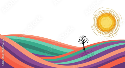 Stylized landscape with wavy colorful bands a solitary tree and a textured sun