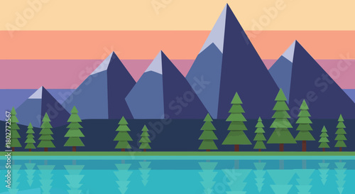 Stylized mountain range and evergreen trees reflected in calm water at sunset