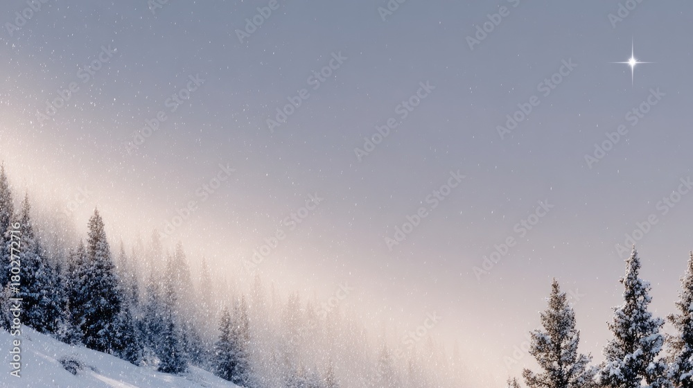 Fototapeta premium Paper cut layered illustration of a snowy forest scene with soft snowflakes falling, creating a serene winter atmosphere and inviting tranquility in nature