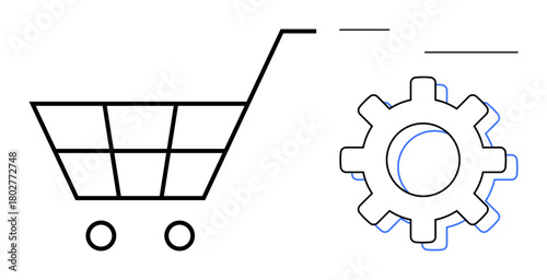 Shopping cart next to gear suggesting automation in commerce, retail, and technology. Ideal for e-commerce, business management, logistics, optimization, technology workflows, process efficiency