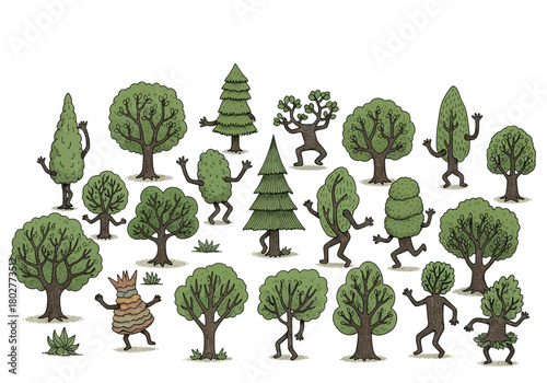 A collection of anthropomorphic cartoon trees with limbs standing or moving
