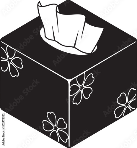 Stylized illustration of a tissue box with floral patterns and white tissues emerging, essential for hygiene and cold season.