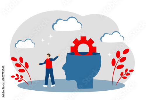 Head and gear. The concept of thinking process, brainstorming, problem-solving, and insight