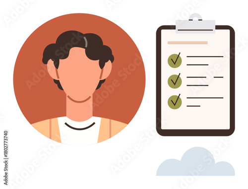 Person in profile with curly hair beside a checklist with green check marks, symbolizing productivity, organization, task management, goal achievement, personal responsibility, time management