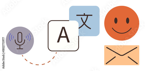 Microphone, language translation icons, happy face, and envelope emphasize communication tools. Ideal for language learning, translation, digital interaction, messaging, remote work inclusivity