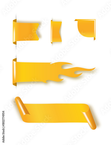 Golden satin ribbon tag. Gold textile label for sale promotion text. Discount and special offer badge. Vector