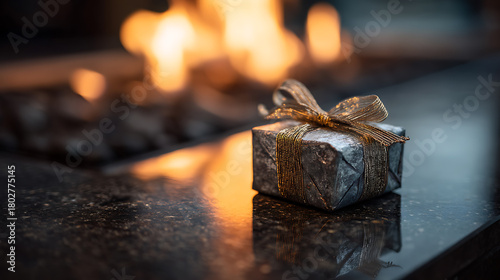 Close-up of a small gift on a granite surface