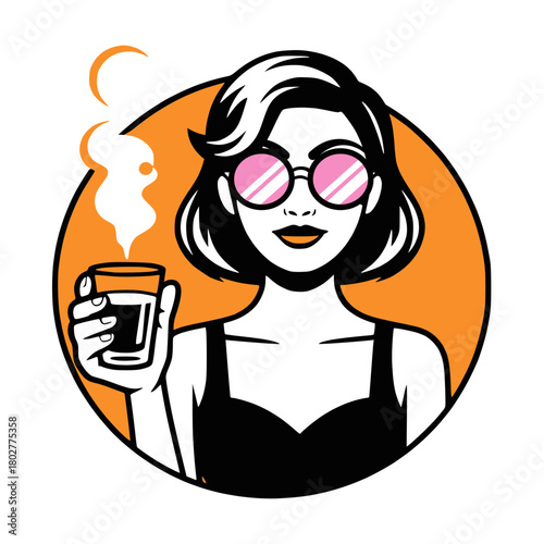 Stylish Woman Wearing Sunglasses and Holding a Steaming Drink - Pop Art Vector Illustration