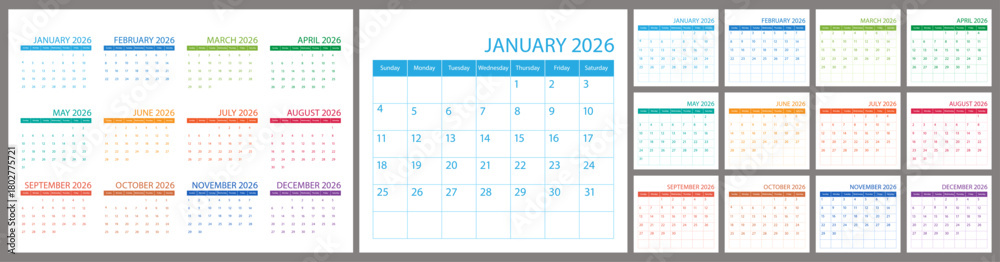 Naklejka premium Calendar and planner 2026 year, schedule month calender, American organizer template. Week starts on Sunday. Business personal page. Modern simple dairy for USA. Vector illustration