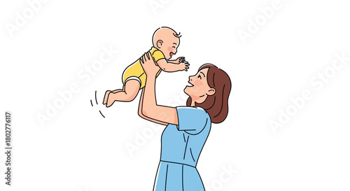 Joyful mother lifts her laughing baby high into the air, celebrating precious moments of pure happiness and love