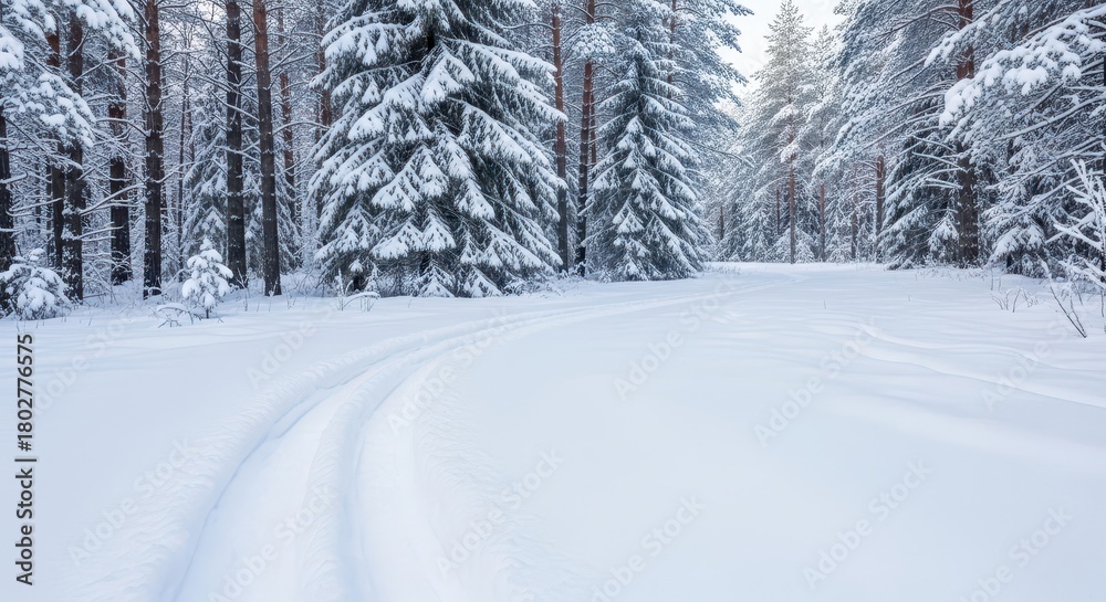 Obraz premium Snow-covered forest path with tire tracks in tranquil winter scene 