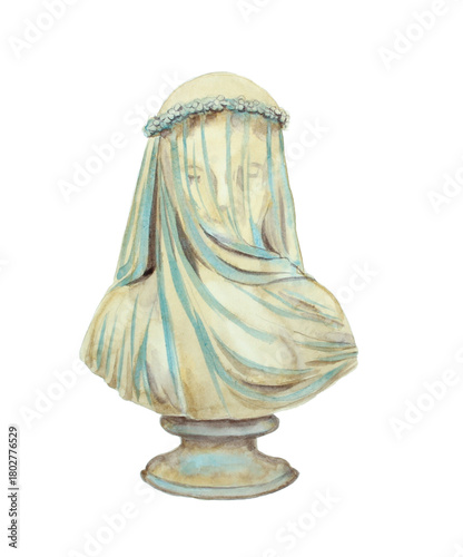 Watercolor drawing beautiful woman sculpture under the veil