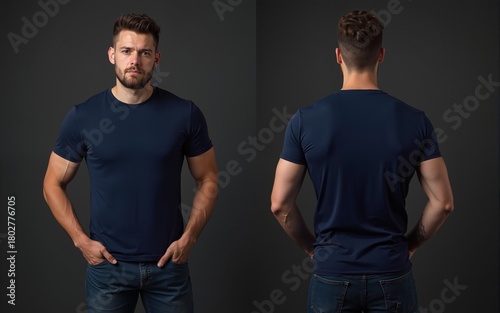 Man wearing navy blue t-shirt, jeans in studio setting. Front, back view shows plain apparel. Dark background provides contrast for casual wear. Adult male model displays unbranded clothing. Suitable