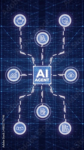 Central AI agent hub visually connects to digital service icons, symbolizing automation, analytics, data, security, and financial management