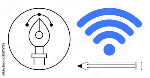Tableau sur toile Pen nib with vector design points, blue wireless signal, and a pencil